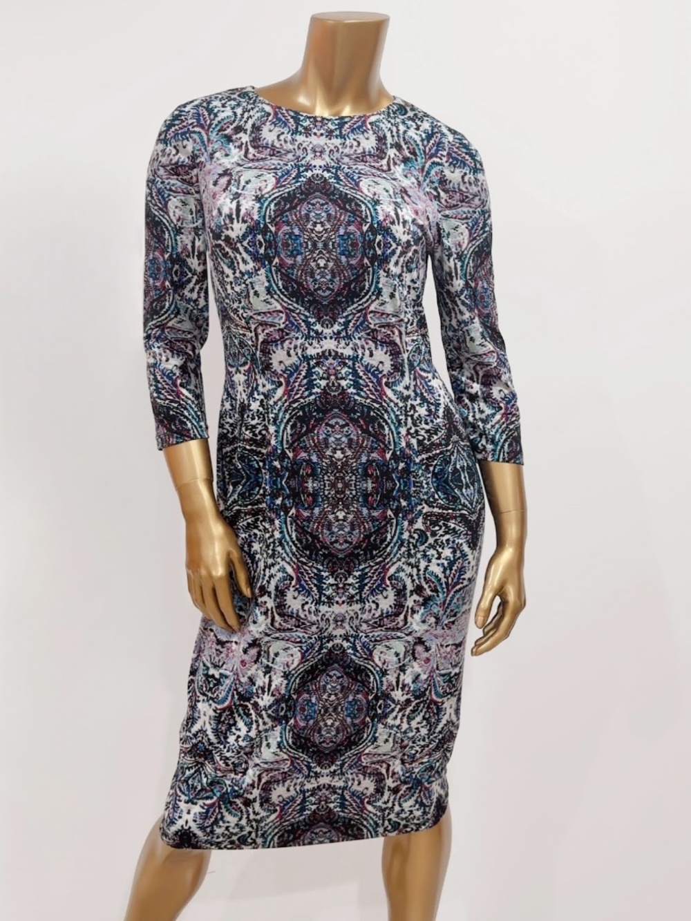 Maggy London Women's Multicolor Patterned 3/4 Sleeve Sheath Midi Dress Size 8
